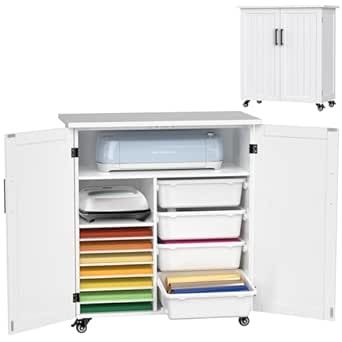 a white cabinet with drawers and printer on wheels