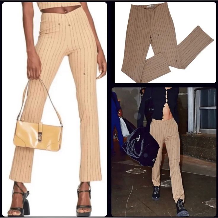 Brand New With Tags Retail Usd $120 Size Small Tan With Black Pinstripes, "Gia" Logos V Cut Waist Slim Straight Legs Split Seam At Back Bottom Hem Hidden Side Zipper Lightly Stretchy Length Approx 43” Waist To Hem Approx 12.5” Inseam *Last Photo Shows This Style As Worn By Bella Hadid! Fitted Bottoms With Vertical Stripes And Straight Leg, Fitted Straight Leg Bottoms With Vertical Stripes, Casual Fitted Pants With Vertical Stripes, Fitted Pants With Vertical Stripes For Fall, Fitted Pinstripe Pants For Spring, Chic Fitted Bottoms With Vertical Stripes, Chic Vertical Stripes Pants For Fall, Fitted Pinstripe Bottoms For Spring, Trendy Fitted Striped Bottoms