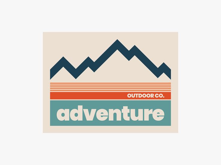 an outdoor company logo with mountains and the words'adventure'in blue, orange, and green