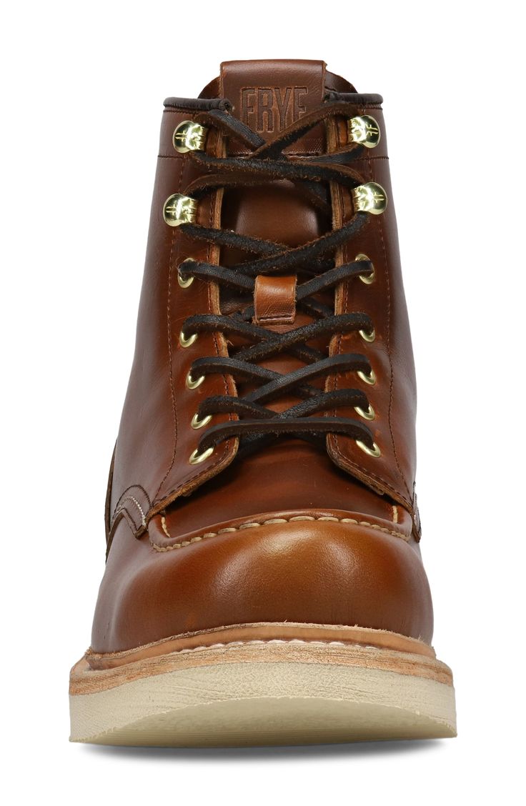 Heavy-duty contrast laces and a waxed leather upper lend contemporary style and premium craftsmanship to a work boot with a classic apron toe. A Goodyear-welted sole with a slip-resistant design bring comfort and security to every step you take. Lace-up style Cushioned footbed Leather upper and lining/rubber sole Imported Saddle Fitting, Wellington Boot, Suede Chelsea Boots, Work Boots Men, Every Step You Take, Work Boot, Goodyear Welt, Work Boots, Brown Boots