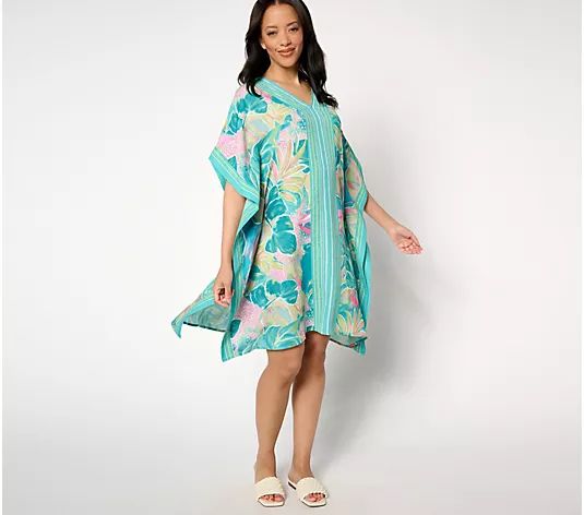 Belle by Kim Gravel Paradisio Border Print Caftan Dress - QVC.com Vibrant Print V-neck Kaftan For Beachwear, Casual Split Neck Tunic For Vacation, Summer V-neck Tunic With Vibrant Print, Casual Beach Tunic With Split Neck, Casual Split Neck Beach Tunic, Casual Split Neck Tunic For Beach, Spring Beach Tunic With Split Neck, Tropical V-neck Kaftan For Beach Cover-up, Patterned V-neck Kaftan For The Beach