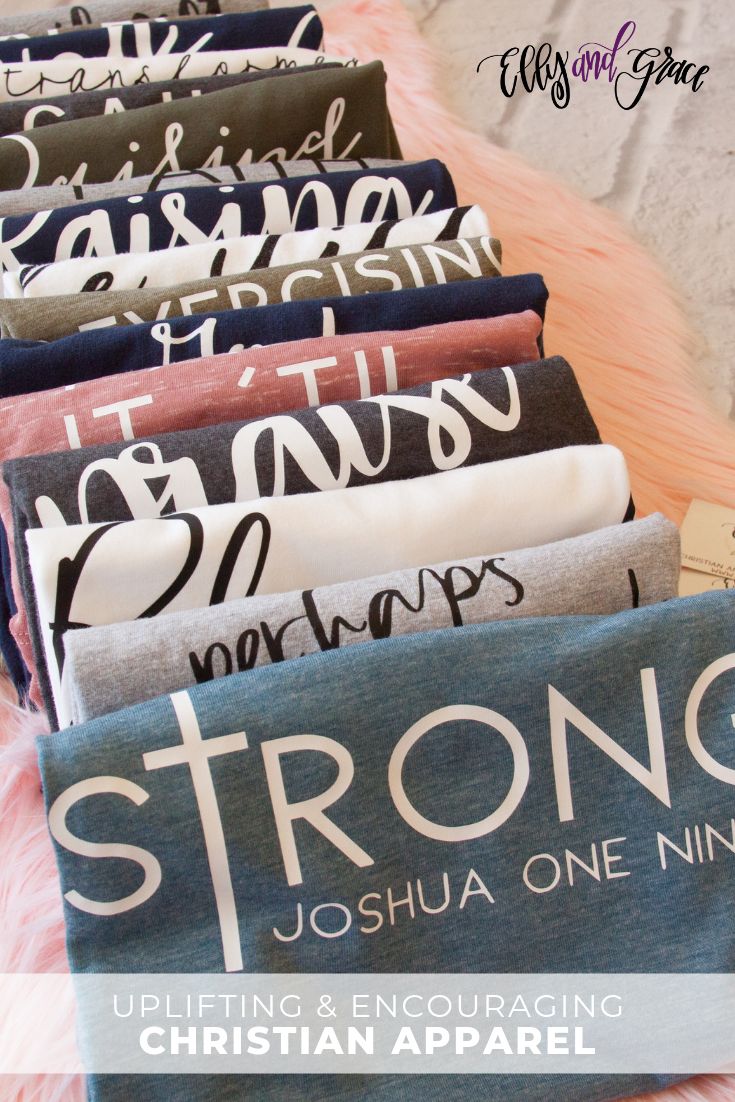 six folded t - shirts with the words strong, joshua one nine printed on them