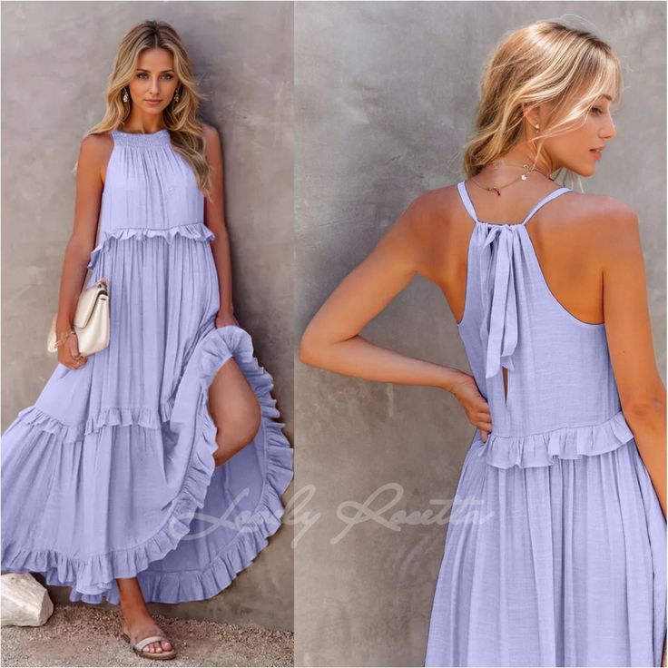 Whether You're Attending A Garden Party Or Enjoying A Casual Day Out, This Versatile And Airy Dress Is Sure To Keep You Looking And Feeling Fabulous All Day Long. Material: 100% Polyester This Item Size Conversion Chart: S - 2/4 M - 6 L - 8/10 Xl- 12 Xxl-14 Ships Within 7 To 10 Days Shop With Us For: Fall Trendy Trending Athleisure Modest Party Attire Necklaces Tops Fedora Hat Winter Gypsy Fleece Spring Summer Formal Suede Streetwear Sheer Satin Engagement Gathering Fleece Blazers Boho Bohemian Halter Neck Sleeveless Dress With Ruffles For Garden Party, Spring Beach Sleeveless Tiered Dress, Spring Halter Neck Sleeveless Dress With Ruffles, Spring Sleeveless Halter Neck Dress With Ruffles, Ruffled Halter Neck Sundress, Vacation Sleeveless Ruffled Halter Neck Dress, Sleeveless Ruffled Dress For Summer Garden Party, Halter Neck Sleeveless Dress With Ruffles For Vacation, Summer Sleeveless Ruffled Dress For Garden Party