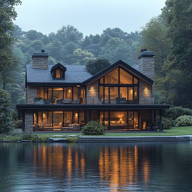 a large house sitting on top of a lake next to a lush green forest covered hillside