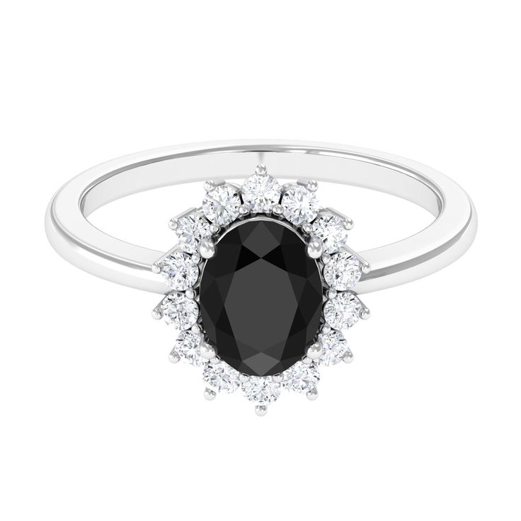 Product Details Youll adore the timeless design of this Princess Diana inspired ring, featuring an oval-shaped Black Onyx as the main stone and a halo of round Diamond. This Black Onyx Ring emanates a luxurious look. Product Information SKU SHP-RINGS0821231760 Width 4 mm Height 11 mm Weight 2.56 gm (Approximate) BLACK ONYX INFORMATION No.of Stones 1 Pieces Total Weight 1.10 Carat (Approximate) Dimension(approx) Oval-6X8 mm-1 Pcs Color Black Cut Brilliant Shape Oval Setting Type Prong-Setting Qua Diana Ring, Black Onyx Engagement Ring, Onyx Engagement Ring, Oval Setting, Black Engagement Ring, Engagement Ring Diamond, Black Onyx Ring, 18k Yellow Gold Ring, Onyx Ring