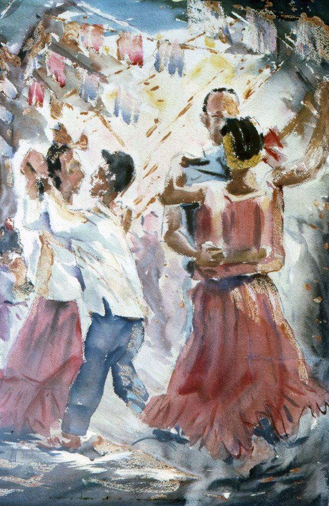 a painting of two people dancing in front of a crowd with their arms around each other