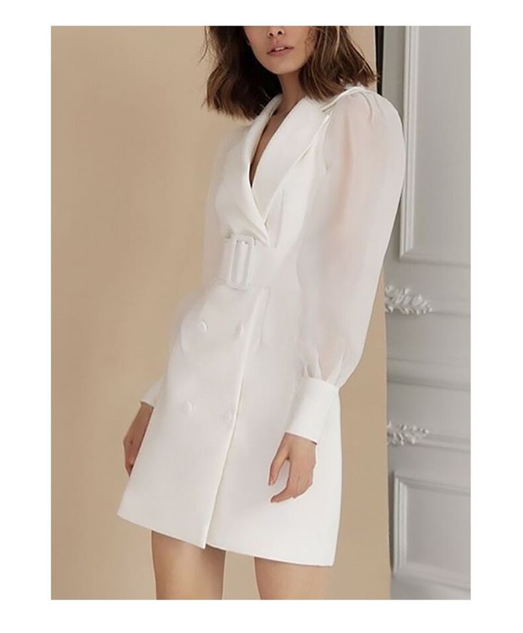 Long Sleeve White Feminine Mini Dress, White Long Sleeve Feminine Mini Dress, Chic White Mini Dress With Long Sleeves, White Long Sleeve Spring Dress, White Long Sleeve Feminine Dress, White Long Sleeve Fitted Mini Dress, White V-neck Dress For Office, White Knee-length Mini Dress For Fall, Feminine White Mini Dress For Fall