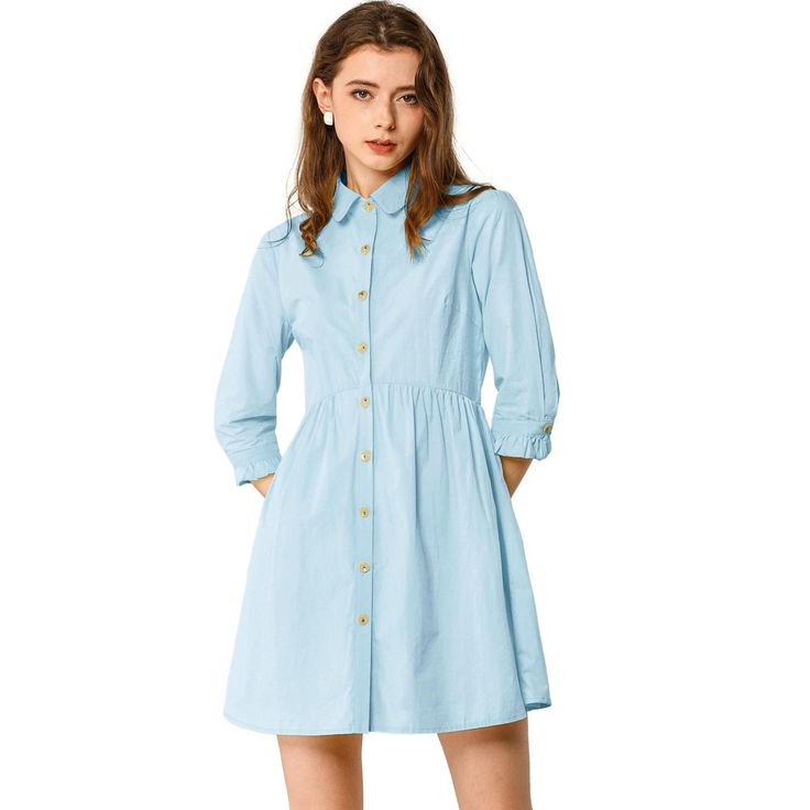 Designed with the shirt style, this dress makes weekend dressing simple with its relaxed fit shape. With the bright color, this piece is styled with a button-through design and finished with the tie detailing on the sleeves for a touch of femininity. Framed with a collar neckline and contemporary cropped sleeves, the waistline flows out into a lightly pleated flared skirt for a feminine finish that wears well with anything from sandals to trainers. Spring Shirt Dress With Placket, Spring Shirt Dress With Button Cuffs, Casual Half Sleeve Shirt Dress With Button Closure, Casual Button-up Shirt Dress For Work, Blue Long Sleeve Shirt Dress For Spring, Casual Long Sleeve Shirt Dress With Placket, Spring Long Sleeve Shirt Dress With Button Closure, Spring Collared Shirt Dress With Roll-up Sleeves, Long Sleeve Shirt Dress With Button Closure For Spring