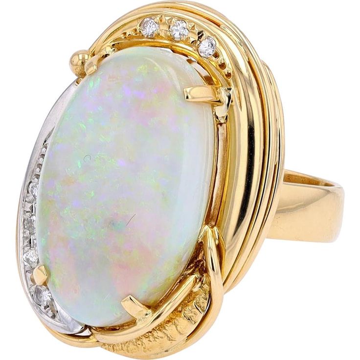 Enchanting 18K Yellow Gold and Platinum Opal Oval Ring - 6.69 Carat Luxury Oval Opal Ring For Anniversary, Elegant Oval Opal Ring With Polished Finish, Elegant Oval Opal Ring For Formal Occasions, Formal Oval Opal Ring With Diamonds, Yellow Gold Oval Cabochon Rings For Formal Occasions, Heirloom Oval Opal Ring For Formal Occasions, Formal Yellow Gold Oval Cabochon Rings, Heirloom Yellow Gold Diamond Ring With Oval Cabochon, Luxury Gold Opal Ring Oval Cabochon