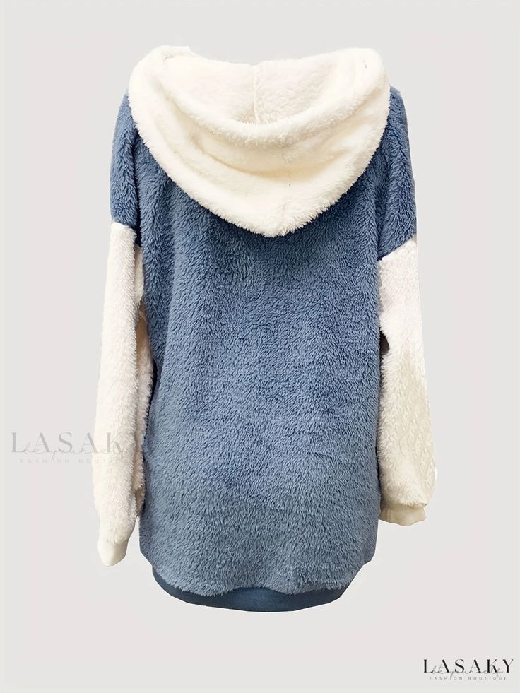 Lasaky - Chic Color Block Fuzzy Hooded Jacket - Stylish Long Sleeve Zip-Up Outerwear for Women Cozy Winter Hooded Jacket With Adjustable Hood, Cozy Fit Winter Hooded Jacket, Cozy Fit Hooded Jacket For Loungewear, Long Sleeve Cozy Fit Hooded Jacket For Loungewear, Cozy Fit Long Sleeve Hooded Jacket For Loungewear, Warm Casual Hooded Jacket, Warm Casual Long Sleeve Hooded Jacket, Cozy Fleece Jacket With Drawstring Hood, Winter Loungewear Hooded Jacket With Fleece Lining