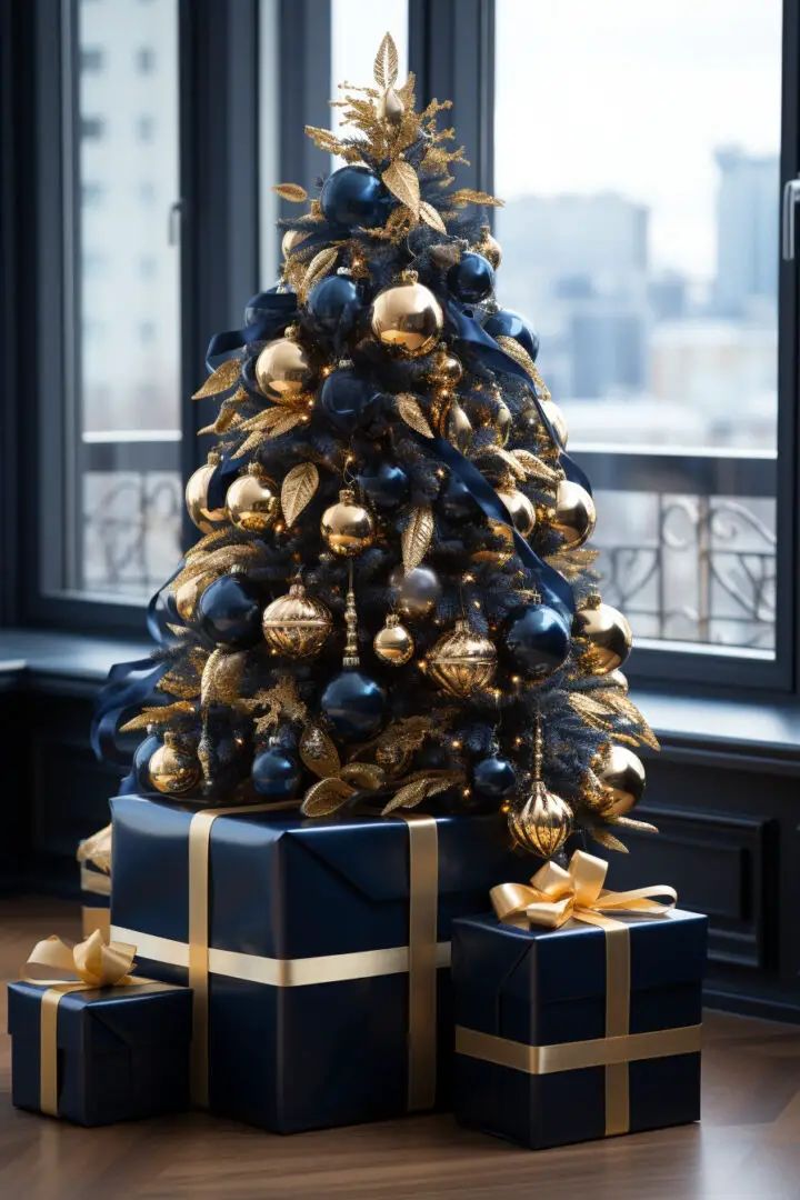 a black and gold christmas tree with presents under it in front of a large window