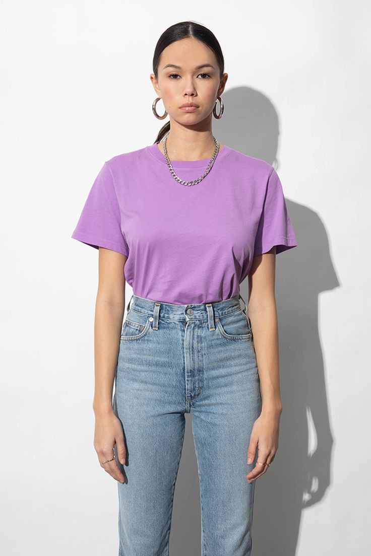 The epitome of the closet staple, the perfect tee in soft Organic Cotton Jersey. Mid-length hits right at the hips. Wear it half-tucked for a semi-casual look. Details Fit Shipping 100% Organic Cotton Close × Organic Cotton Organic Cotton is grown without the use of toxic chemicals or genetically modified seeds, requires less water and emits fewer greenhouse gases than conventional cotton. At Parva Studios, we require fabric mills to provide Organic Content Standard (OCS100) or Global Organic Te Lavender T Shirt Outfit, Affordable Cute Purple Shirt, Lavender Tshirt Outfits, Trendy Purple Everyday Top, Casual Purple Top For Everyday, Lavender Top For Everyday Spring Wear, Lavender Tops For Everyday Spring Wear, Purple Everyday Spring Top, Purple Everyday Spring Tops