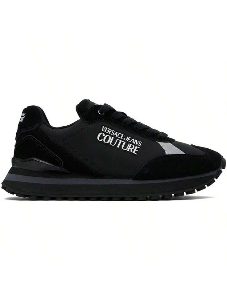 Versace Jeans Couture 
Black Spyke Sneakers 
Low-top suede and plain-woven sneakers in black. 
. Lace-up closure 
. Rubberized logo at padded tongue 
. Logo bonded at heelllar and outer side 
. Jersey lining 
. Foam rubber midsole 
. Cleat-style rubber sole 
Supplierlor: Black 
Upper: leather, textile. Sole: rubber. 
Made in China. 
241202M237001 
Jeans Couture | Black Spyke Sneakers default         Sports & Outdoor Shoes, size features are:Bust: ,Length: ,Sleeve Length: Lace-up Sneakers With Logo Print For Running, Lace-up Running Sneakers With Logo Print, Jogging Sneakers With Logo And Round Toe, Logo Sneakers With Round Toe For Jogging, Logo Sneakers For Jogging With Round Toe, Black Low-top Sneakers With Logo, High-top Running Sneakers With Logo, Sporty Jogging Sneakers With Logo Print, Sporty Sneakers For Jogging With Logo Print