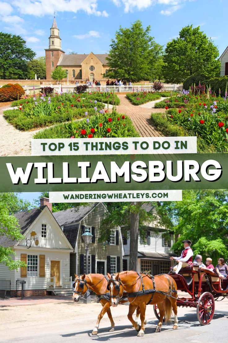 two horses pulling a carriage with people riding on it and the words top 15 things to do in williamsburg