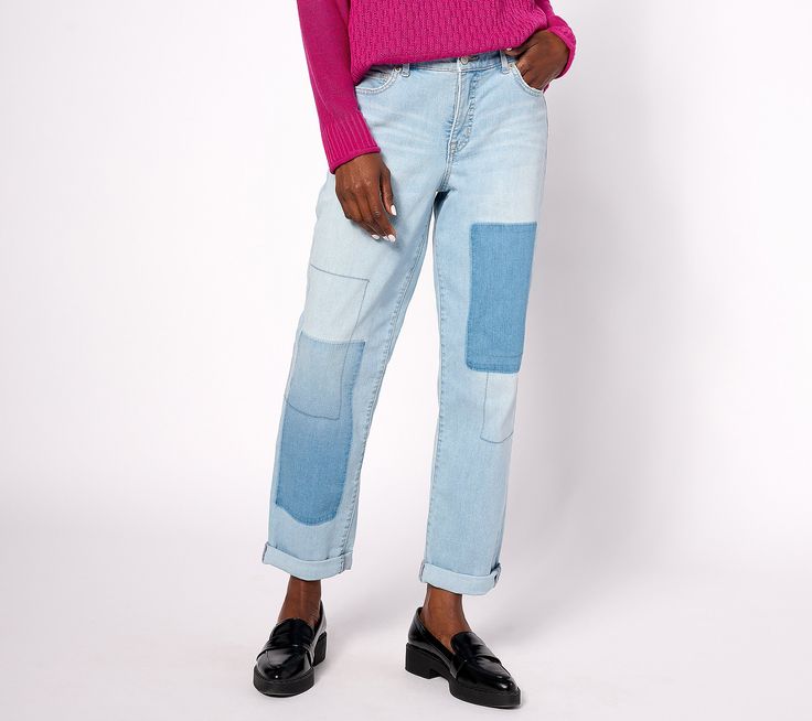 It's time to patch things up with the boyfriend. Nooo, not that boyfriend. We're talking about these LOGO boyfriend jeans. With playful shadow-patch details and rolled cuffs (so versatile!), this fresh take combines a cool-casual vibe with an utterly comfortable fit.  These jeans pair with practically everything -- cuffed or uncuffed. Consider canvas sneaks and a classic tee (we're loving that laid-back look), or your beloved ankle boots and an oversized blazer when it's chillier. And dress 'em Colorful Heels, The Boyfriend, Lori Goldstein, Relaxed Jeans, Patched Jeans, Oversized Blazer, Athletic Apparel, Curvy Fashion, Boyfriend Jeans