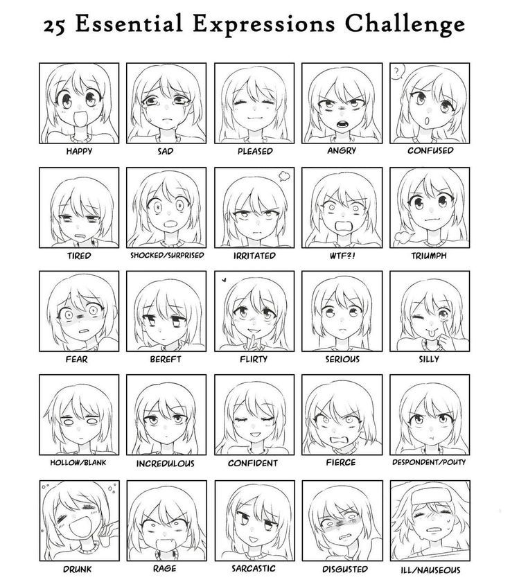 an anime character's expressions chart, with the words 25 essential expressions in each