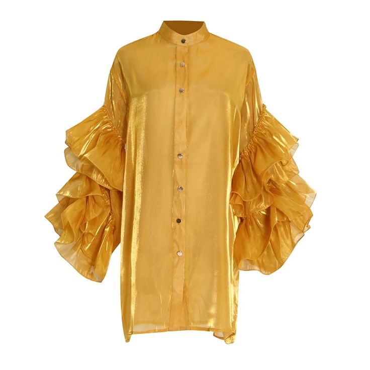 SIZE Shoulder:49cm Bust:134cm Waist:136cm Sleeve length:53cm Length:83cm Note: 1 inch = 2.54 cm, 1 cm = 0.39 inch note: measurement by hands allow 2-3cm errors which is normal Gold Spring Party Shirt, Gold Party Shirt For Spring, Chic Collared Gold Shirt, Chic Gold Collared Shirt, Gold Long Sleeve Tops For Spring, Spring Gold Button-up Shirt, Collared Blouse For Summer Parties, Collared Summer Party Blouse, Collared Summer Blouse For Parties