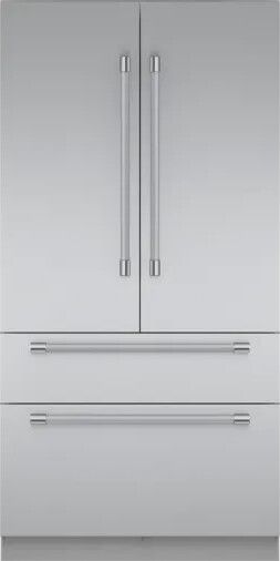 a large stainless steel refrigerator freezer with two drawers and one door on each side