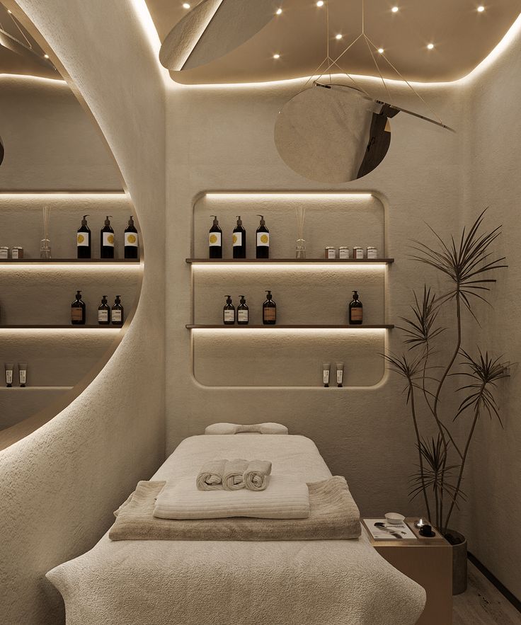 a spa room with white walls and shelves filled with bottles, candles and towels on the tables