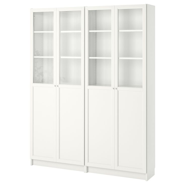 a white bookcase with glass doors on the front and bottom shelves, against a white background