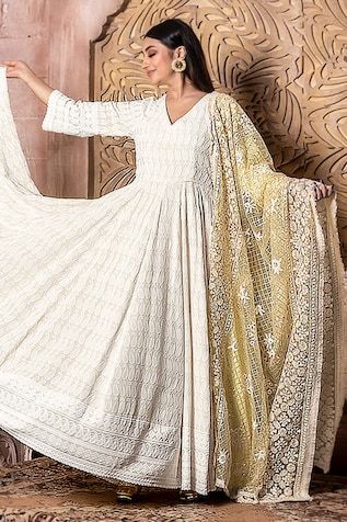 Cream anarkali featuring chikankari embroidered floral and paisley motifs. Comes with sequin work jaal patterned dupatta. - Aza Fashions Cream Anarkali, Anarkali With Dupatta, Paisley Motifs, Embroidered Anarkali, Women Kurta, Fashion App, Anarkali, Aza Fashion, Three Quarter