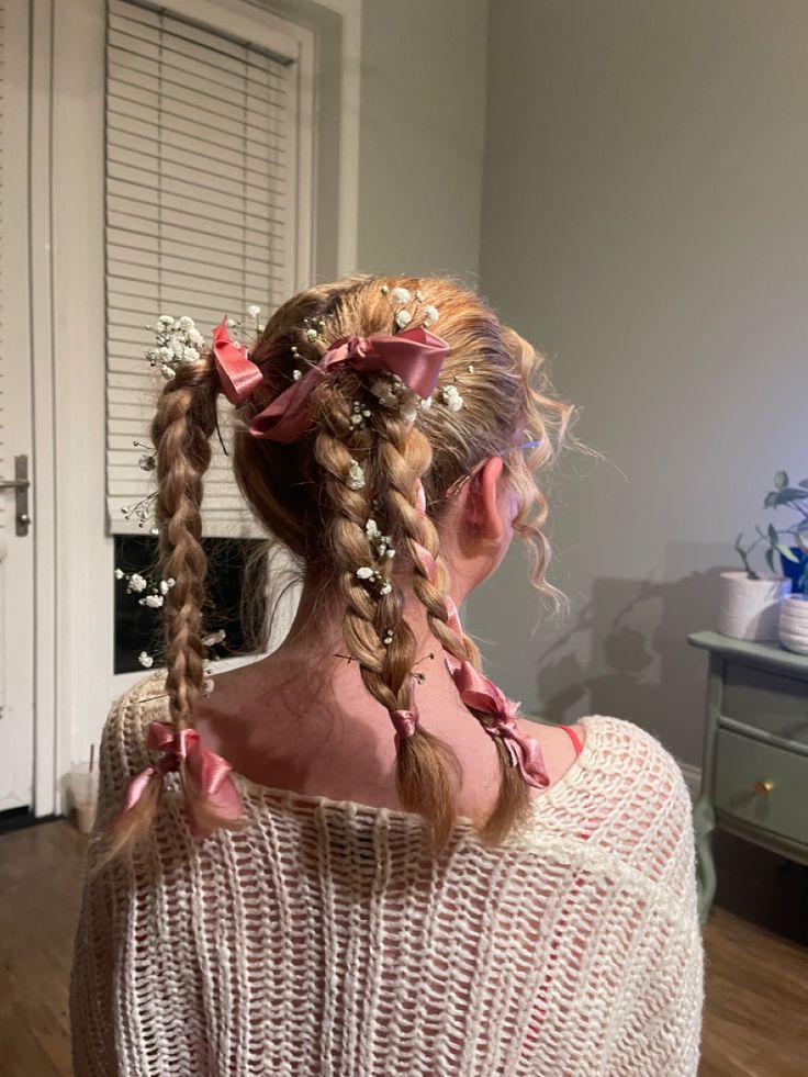 Looped Pigtail Braids, Cool Pigtail Hairstyles, Milkmaid Braid With Ribbon, Short Braided Pigtails, Fancy Braid Tutorial, Braided Pigtails With Bangs, Braids With Ribbon Bows, Hairstyles With Pink Accessories, Wedding Pigtails