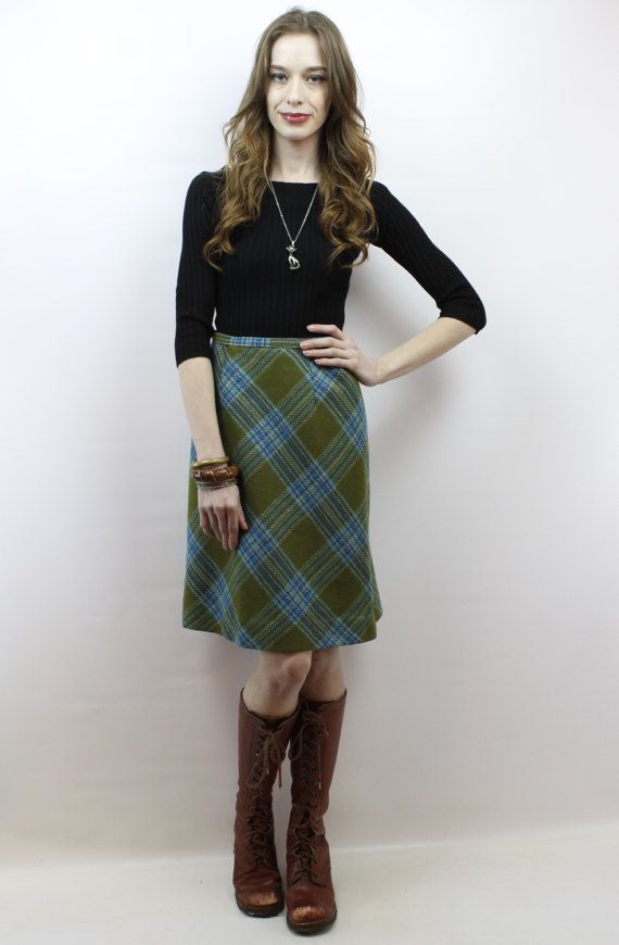 Vintage 50s High Waisted Plaid Wool Skirt, fits XS/S by shopEBV Retro Green A-line Skirt, Fitted A-line Green Skirt, Fitted Full Green Mini Skirt, Vintage Green Flared Skirt Bottoms, Vintage Knee-length Lined Skirt, Retro Fitted Lined Skirt, Retro Pleated Mini Skirt, Vintage Blue Full Skirt, Fitted Retro Skirt