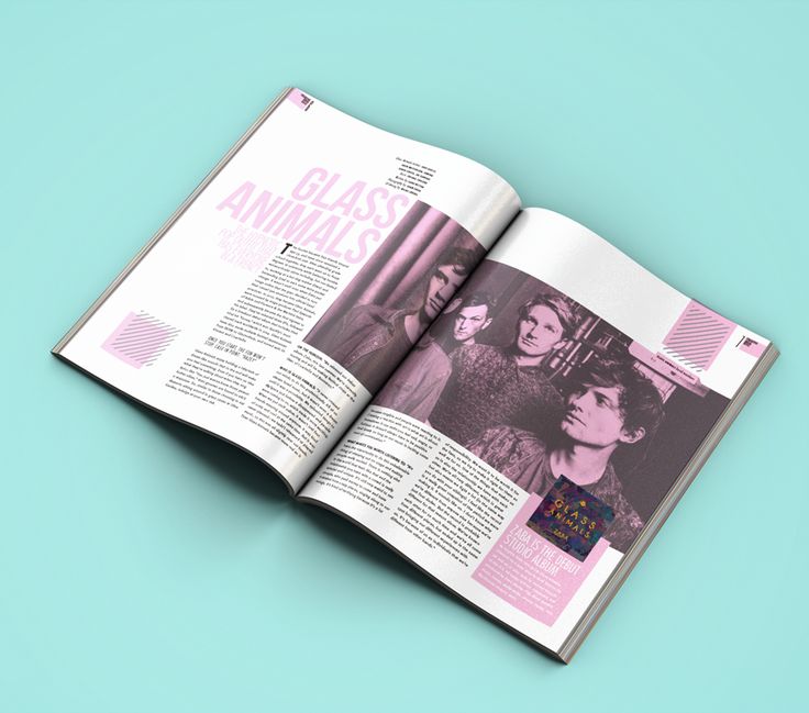 an open magazine on a blue background with images of women in pink and purple colors