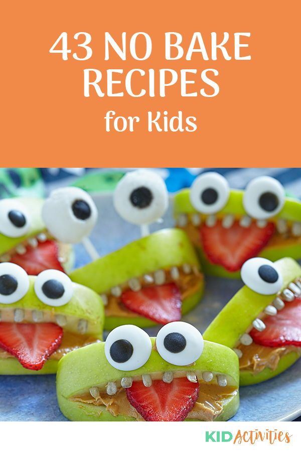 some food with fake eyes on it and the words, 43 no bake recipes for kids