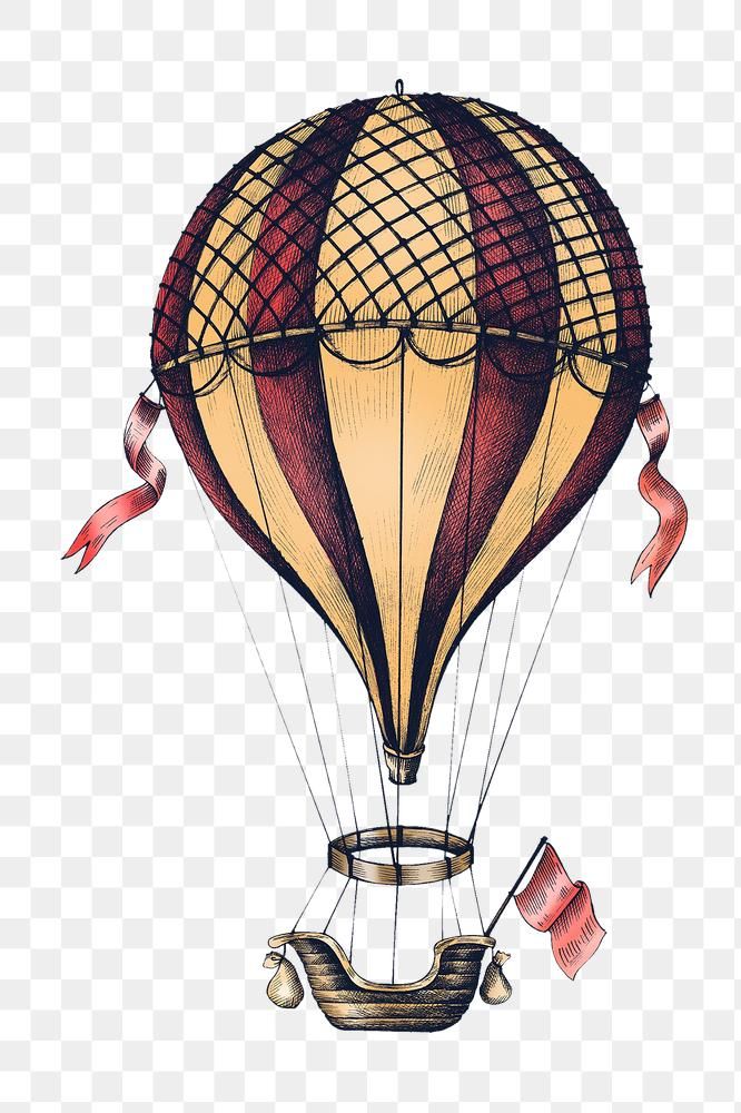 a drawing of a hot air balloon flying in the sky, with red and yellow ribbons on