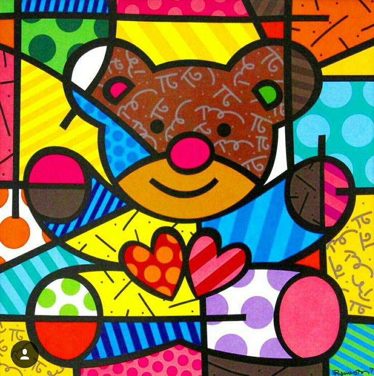 a painting of a teddy bear holding a heart in front of colorful squares and dots