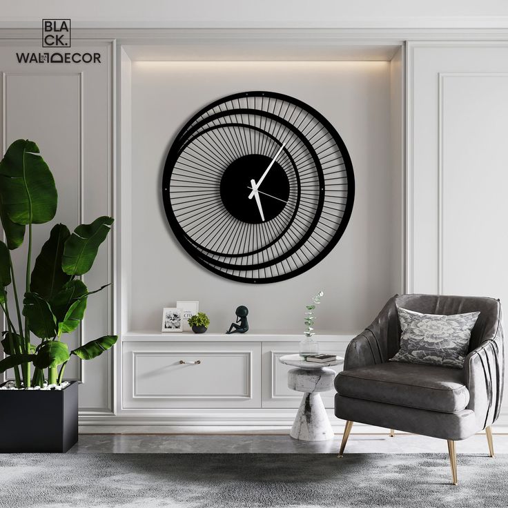 a living room with a large clock mounted to the wall next to a gray chair