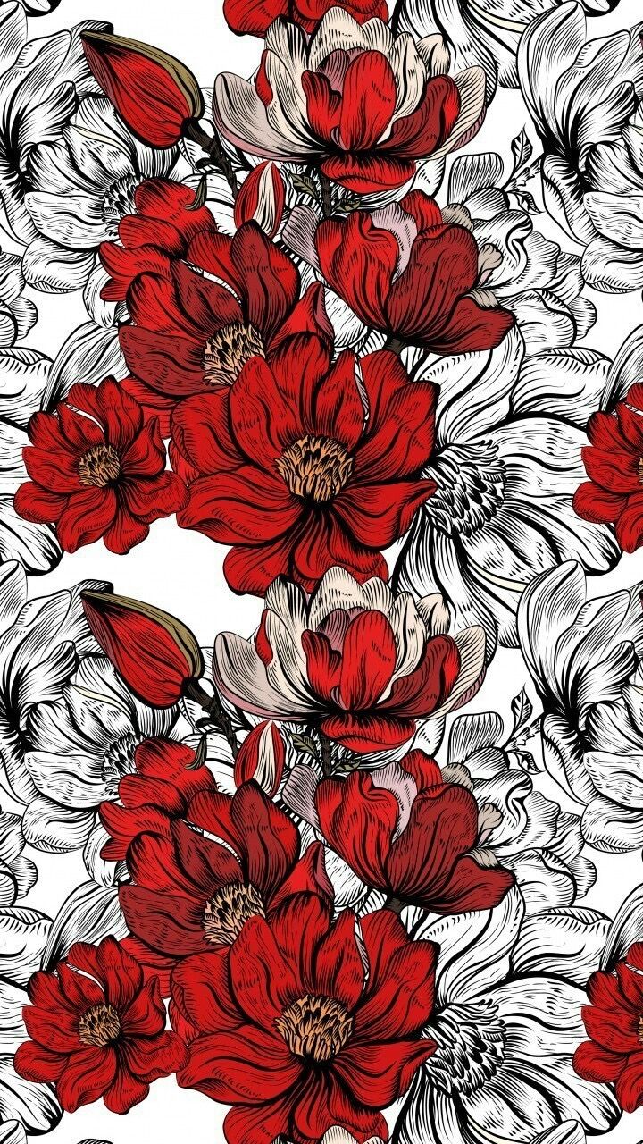 red and white flowers are on a black and white background in this seamless pattern