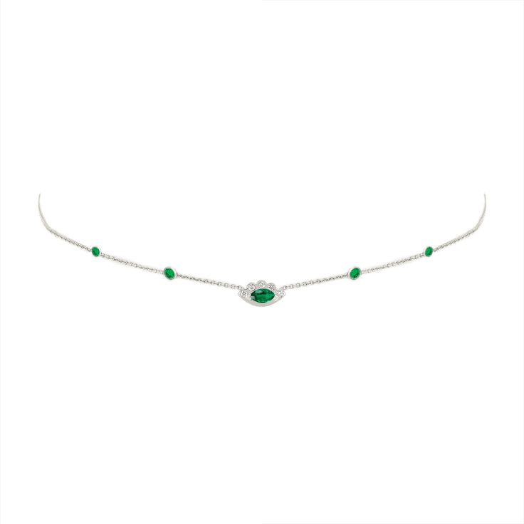 5 Emerald Orbit Bezel Choker with Angel Eye Emerald Center 14-15-16" White Gold  by Logan Hollowell Jewelry Fine Jewelry Oval Emerald Necklace With Jewels, Oval Emerald Necklace With Jewels In Fine Jewelry Style, Oval Emerald Necklace With Jewels, Marquise Emerald Jewelry In White Gold, Marquise Emerald White Gold Jewelry, Fine Jewelry Green Marquise Necklaces, Elegant Oval Emerald Necklace With Bezel Setting, Marquise Emerald Jewelry For Formal Occasions, Elegant Green Marquise Necklace