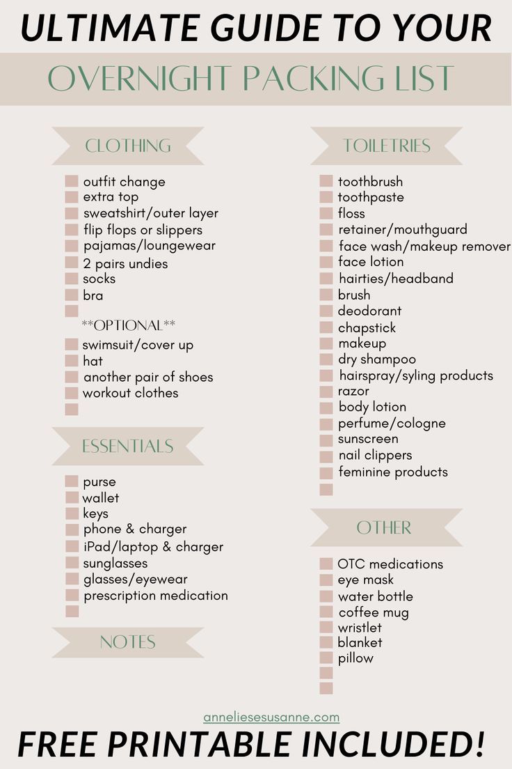 Ultimate Guide to Your Overnight Packing List Free Printable Overnight Checklist Packing Lists, Packing List For One Day Trip, Tour Checklist Packing Lists, 2 Night Sleepover Packing List, What To Pack For One Night Trips, Packing List For Hotel Stay, What To Pack In An Overnight Bag, Over Night Bag Packing List, School Trip Essentials Packing Lists