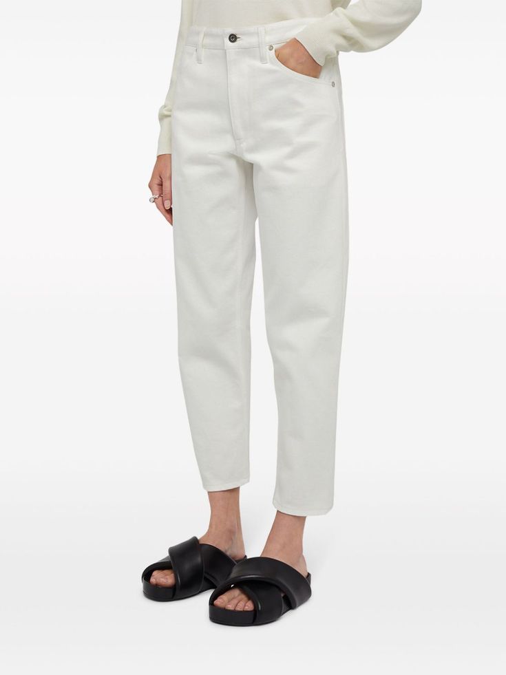 white cotton high-waisted belt loops concealed fly and button fastening classic five pockets straight leg cropped White Cotton Straight Leg Cropped Jeans, White Cropped Cotton Jeans Straight Leg, Luxury Straight Fit Cropped Rigid Denim Jeans, White Stretch Cropped Denim Jeans, White Stretch Full-length Jeans, Jeans White, Jil Sander, Cropped Jeans, Straight Leg Jeans