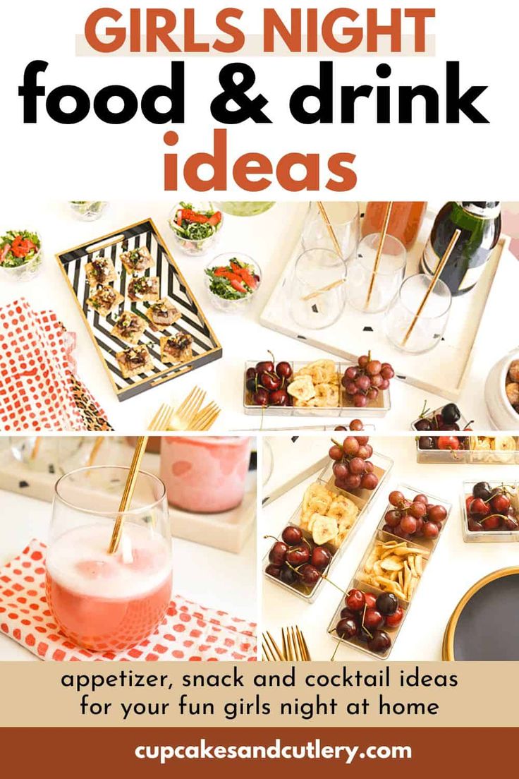 These Girls' Night Food Ideas are easy to make and delicious for a low-key girls' night in at home and or hanging out with your favorite gal pal. Everything you need from appetizers to cocktails. Tap to see more recipes and cooking inspiration from Cupcakes and Cutlery. Spa Food Ideas Girls Night, Cooking Night With Friends, Girls Get Together Food Ideas, Girls Day In Ideas, Easy Girls Night Dinner, Night In Food Ideas, Girls Night Snacks Easy, Food For Girls Night, Girls Night Dessert Ideas