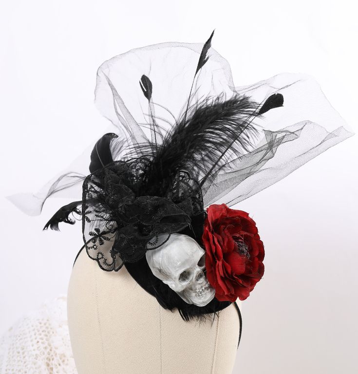 Scull fascinator hats Halloween Headband hats Halloween Scull hat Halloween Fascinator Halloween costume Halloween witch White skull on a red rose. The fascinator is decorated with various black feathers) Carnival Novelty Fascinator For Costume Party, Punk Mini Hats For Halloween Cosplay, Punk Top Hat For Halloween Party, Punk Style Top Hat For Halloween Party, Punk Style Halloween Party Top Hat, Punk Adjustable Costume Hats And Headpieces For Halloween, Punk Hat For Costume Party Halloween, Punk Halloween Costume Hats And Headpieces, Adjustable Punk Mini Hats For Halloween