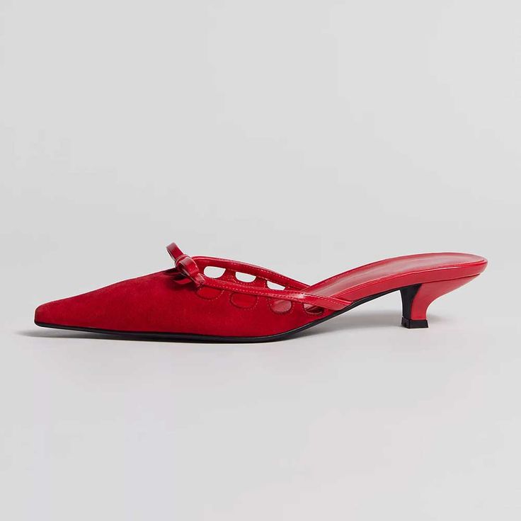 Step into elegance with these Red Velvet Pointy Toe Cutout Kitten Heel Mules. The bow decor adds a touch of charm to these stylish and sophisticated shoes. Color: Red Material: Velvet Heel Type: Kitten heel Heel height: 1" / 25 mm approx Product measurements were taken using size 8. Please note that measurements may vary by size. Toe: Pointed toe Slip-on style Cutout details Bow embellishment Handcrafted US sizing. Fits true to size. Sophisticated Shoes, Red Mules, Highest Heels, Cowboy Shoes, Dance Heels, Boots Square Toe, Pointed Flats, Velvet Heels, Dress Well