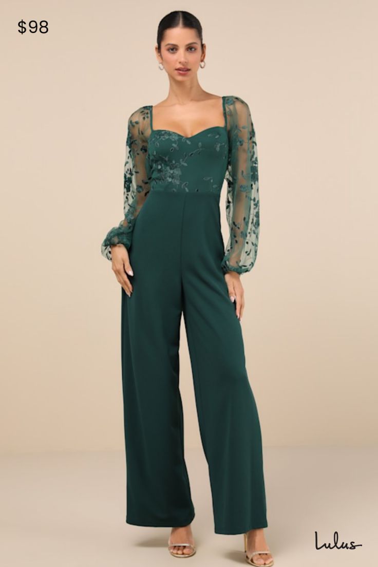 You'll strut your way into everyone's heart in the Lulus Darling Charisma Emerald Mesh Embroidered Jumpsuit! Elegant floral-embroidered mesh shapes a sweetheart neckline (with hidden no-slip strips) and long, sheer balloon sleeves (with elasticized shoulders and cuffs) that can be styled on or off the shoulders. The high, fitted waist tops crepe knit pants with a wide-leg silhouette and full-length hems. Hidden back zipper/clasp. Fit: This garment fits true to size. Length: Floor length. Size me Forest Green Jumpsuit Wedding, Bridesmaid Pantsuit, Officiant Attire, Formal Wedding Guest Attire, Jumpsuit Wedding Guest, Green Outfits For Women, Jumpsuit For Wedding Guest, Semi Formal Outfits, Embroidered Jumpsuit