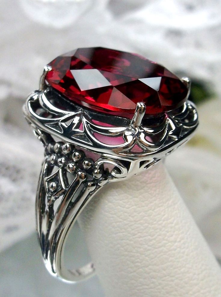 Red Ruby Ring Classic Style Jewelry, Gemstone Art, Swirl Ring, North South, Sterling Silver Filigree, Unique Antiques, Swirl Design, Filigree Ring, Red Ruby