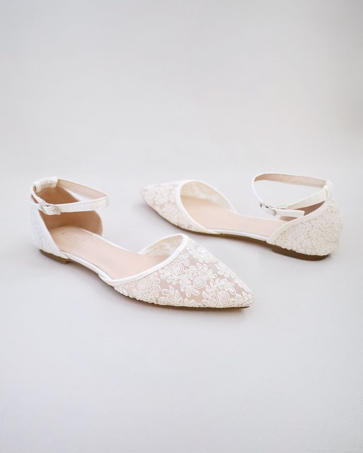 Feminine pointy toe wedding shoes for brides and with ankle strap. Elegant and vintage inspired wear for your special day with comfort of flats to be worn all day.¬† DETAILS: UPPER: Synthetic upper and lining MATERIALS: Manmade outsole HEEL HEIGHT: 0.3" ORIGIN: Imported Spring Lace Wedding Shoes With Ankle Strap, Spring Wedding Shoes With Lace And Ankle Strap, Spring Wedding Shoes With Ankle Strap In Lace, Elegant Wedding Pointed Toe Flats With Ankle Strap, Elegant Pointed Toe Flats With Ankle Strap For Wedding, Chic Summer Wedding Flats, Spring Wedding Pointed Toe Flats, Feminine Fitted Wedding Shoes With Closed Toe, Elegant Closed Toe Bridesmaid Flats