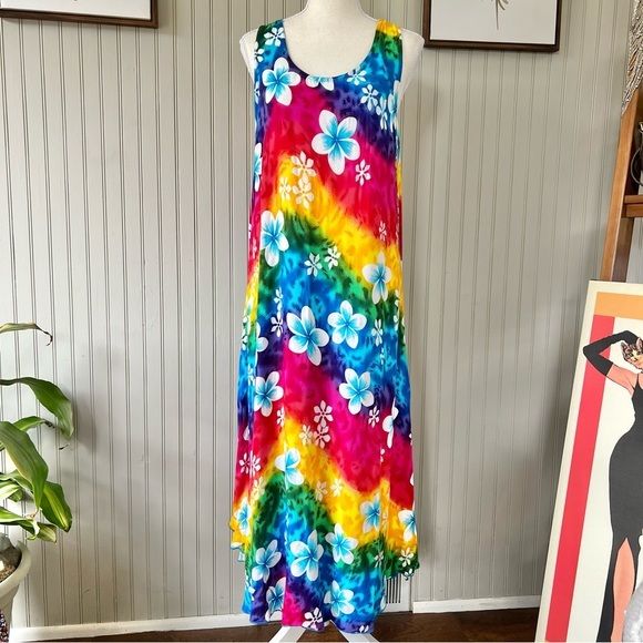 Aloha Fashions Hibiscus Floral Print Dress Nwot Tank Style Midi Dress Beachwear Throw On Over A Bathing Suit Or Wear Alone Breezy Mid Calf Length Made In India One Size Pit To Pit 21” Length 47” A Line Kauai Tropical Beach Resort Summer Multicolor Floral Sundress For Beach Season, Tropical Multicolor Floral Print Sundress, Multicolor Floral Print Sundress For The Beach, Colorful Floral Print Dresses For Beach Season, Multicolor Floral Print Dress For Beach Party, Vibrant Floral Print Dress For Beach Party, Summer Sleeveless Hibiscus Print Sundress, Sleeveless Hibiscus Print Sundress For Beach, Summer Sleeveless Sundress With Hibiscus Print