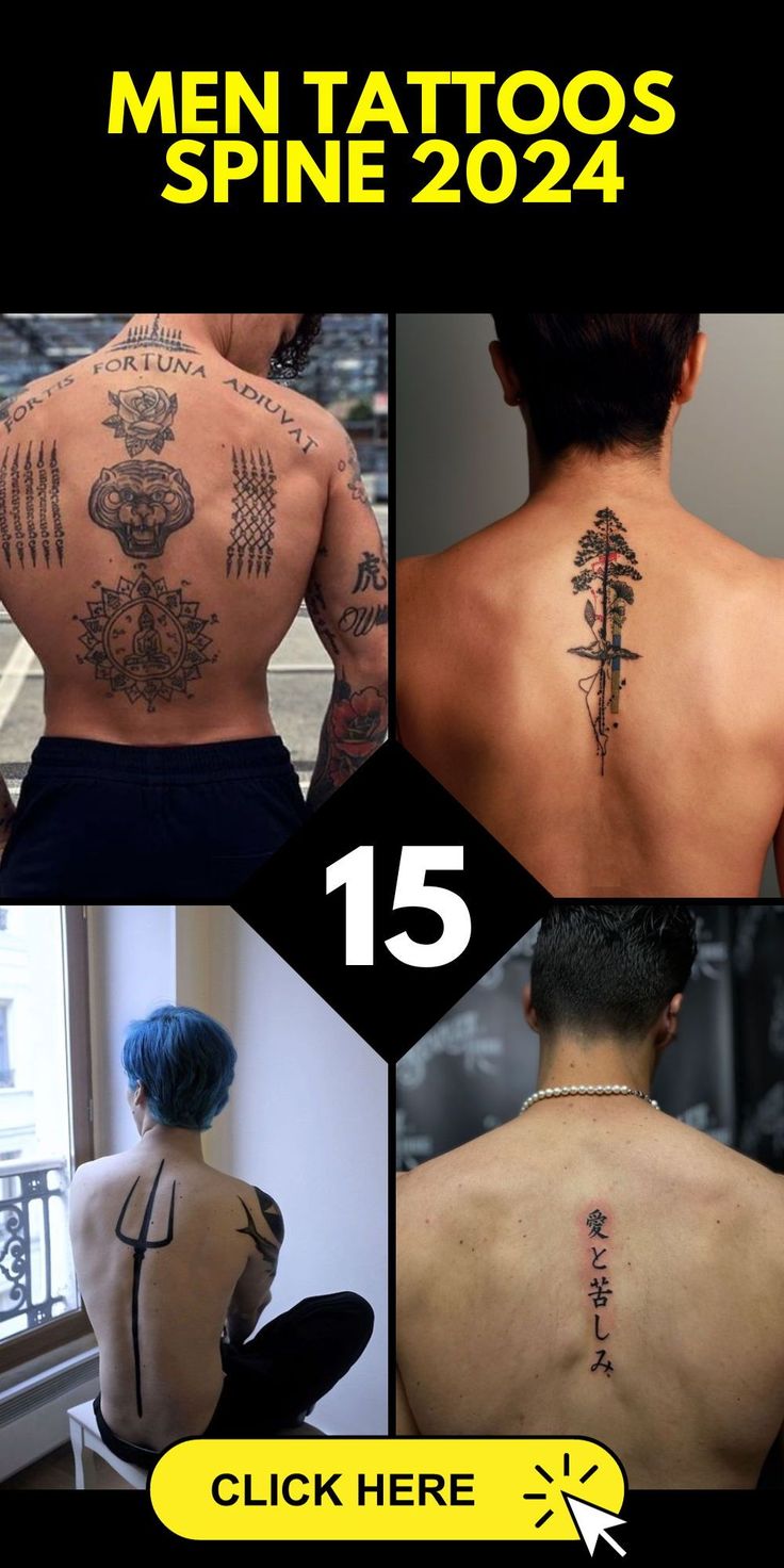 men with tattoos on their back and chest are shown in four different pictures, one is showing