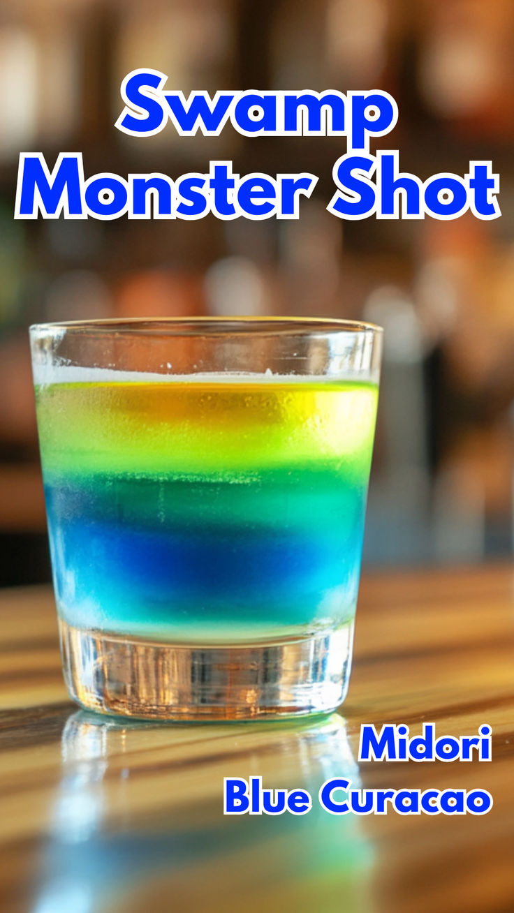 Swamp Monster Shot Unique Shots, Blue Alcoholic Shots, Blue Halloween Drinks Alcohol, Midori Shots, Colorful Shots Alcohol, Blue Curacao Halloween Drinks, Blue Curacao Shots, Fruity Shots, Midori Cocktails