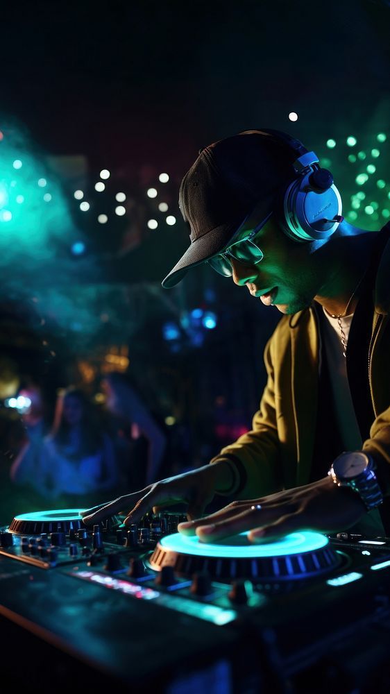 a man in headphones is mixing music on a turntable at a club or nightclub