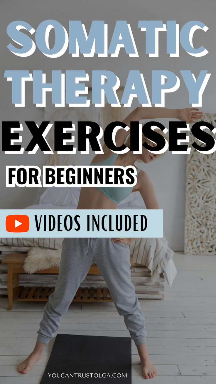 a woman doing yoga poses with text overlay that reads, somatic therapy exercises for beginners video included