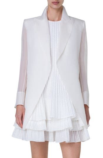 Tailored from filmy silk gauze with the sleeves left sheer, this structured blazer adds exceptional polish to your warm-weather look. Open front Peaked lapels Side flap pockets 100% silk Dry clean Imported Designer Clothing White Silk Blazer For Workwear, White Silk Blazer For Work, Chic Silk Outerwear For Wedding, Chic Silk Wedding Outerwear, Chic Silk Blazer For Wedding, White Silk Blazer For Wedding, White Silk Wedding Blazer, Chic Silk Blazer For Semi-formal Occasions, Chic Semi-formal Silk Blazer