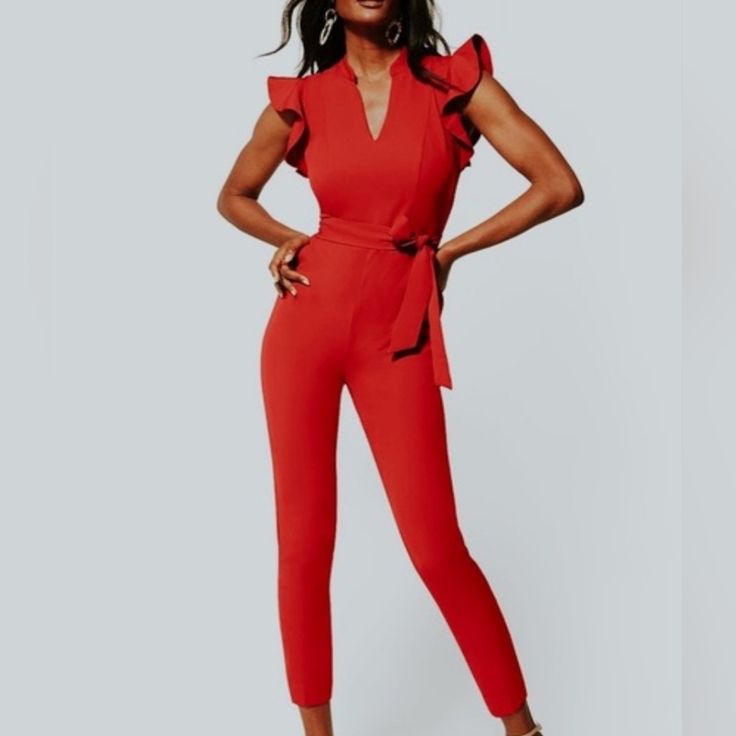 Bright Red Jumpsuit. Flutter Sleeves. Tie Belt. Zippered Back. Never Worn, Nwt. Size L Ruffled Jumpsuits And Rompers For Work, Red Jumpsuits And Rompers For Summer Workwear, Fitted Ruffled Overalls Jumpsuits And Rompers, Fitted Ruffle Jumpsuits And Rompers, Fitted Ruffle Jumpsuits And Rompers For Work, Fitted Ruffled Jumpsuits And Rompers For Work, Fitted Ruffles Jumpsuits And Rompers For Work, Red Overall Jumpsuit For Work, Elegant Red Stretch Jumpsuits And Rompers