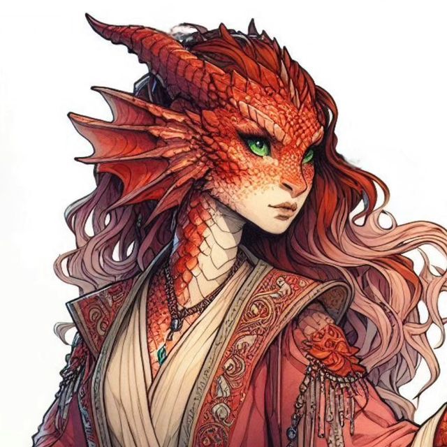 a drawing of a woman with red hair and green eyes wearing a dragon headdress